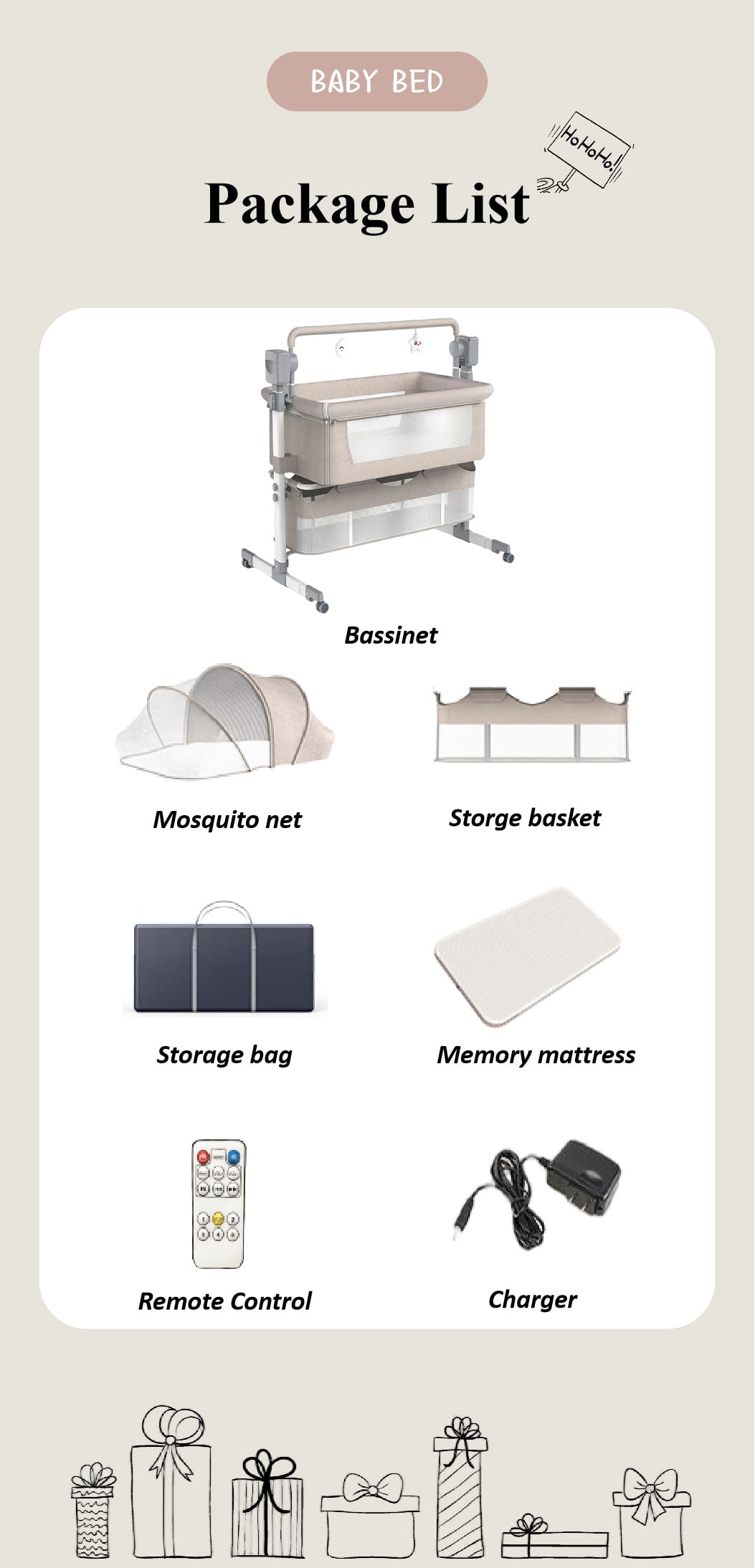 Portable Baby Bassinet Bedside Sleeper with Wheels,Storage,Height Adjustable for Newborns/Babies/Infants(Bluetooth Enabled),Unisex,Khaki