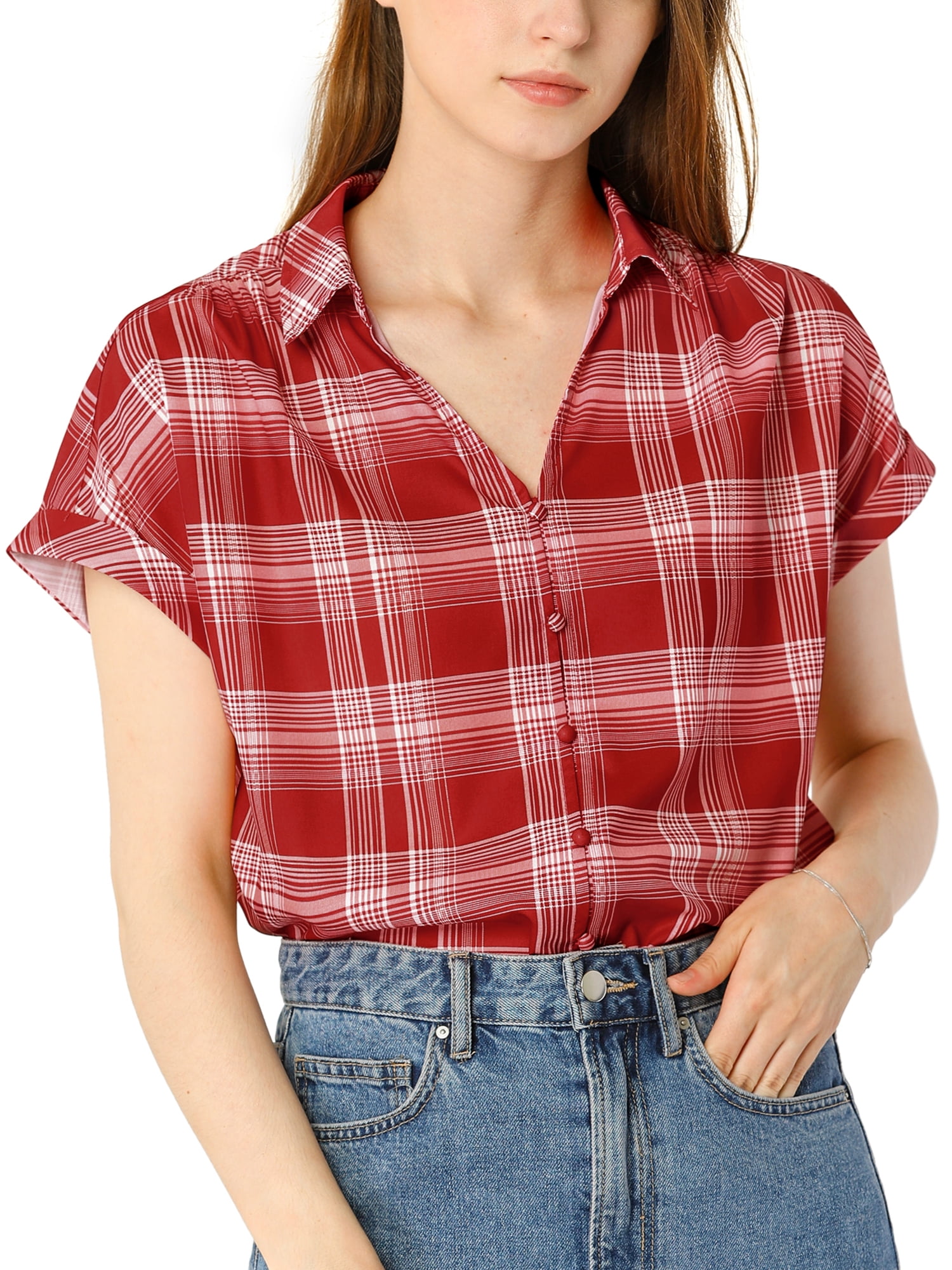 Allegra K Women's Short Sleeve Plaid 