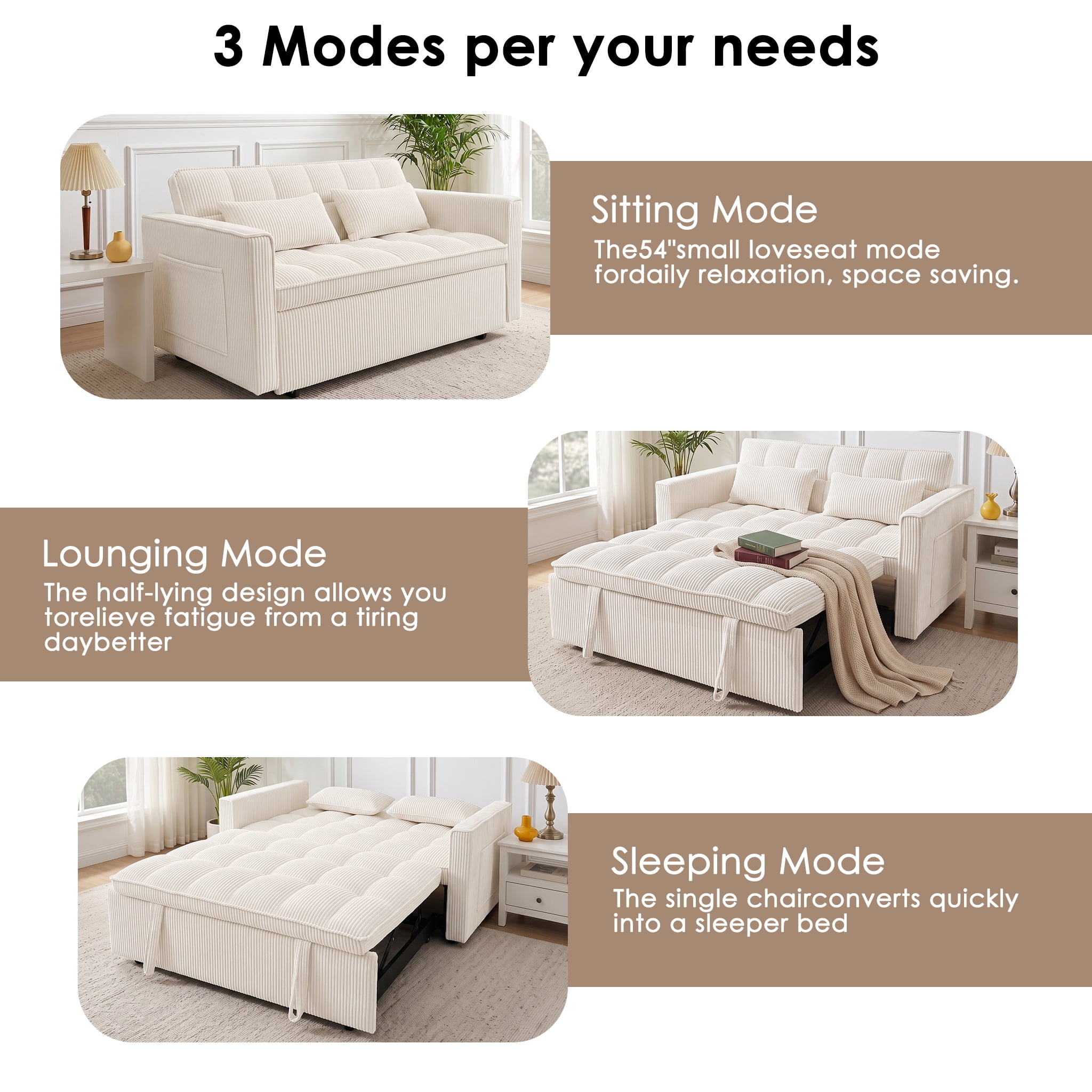 AISWORD Sleeper Sofa Bed, 3-in-1 Convertible Pull Out Couch with Adjustable Backrest for Living Room, Loveseat Sofa Bed with Side Pockets, Beige