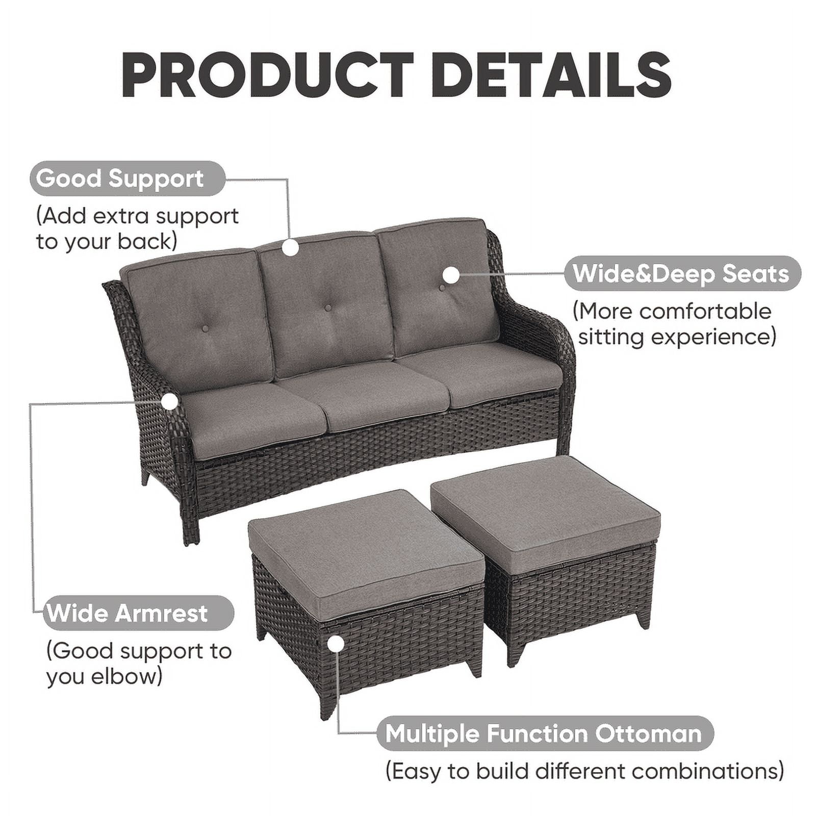 PARKWELL 5-Piece Outdoor Wicker Conversation Set Patio Furniture Couch Rocking Chairs Set with Ottoman,Gray