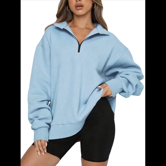 Sudadera de Entrenamiento de con Media Cremallera para Mujer, de Gran Tamaño, de Larga, Color Liso, con Hombros Caídos. Azul XXL