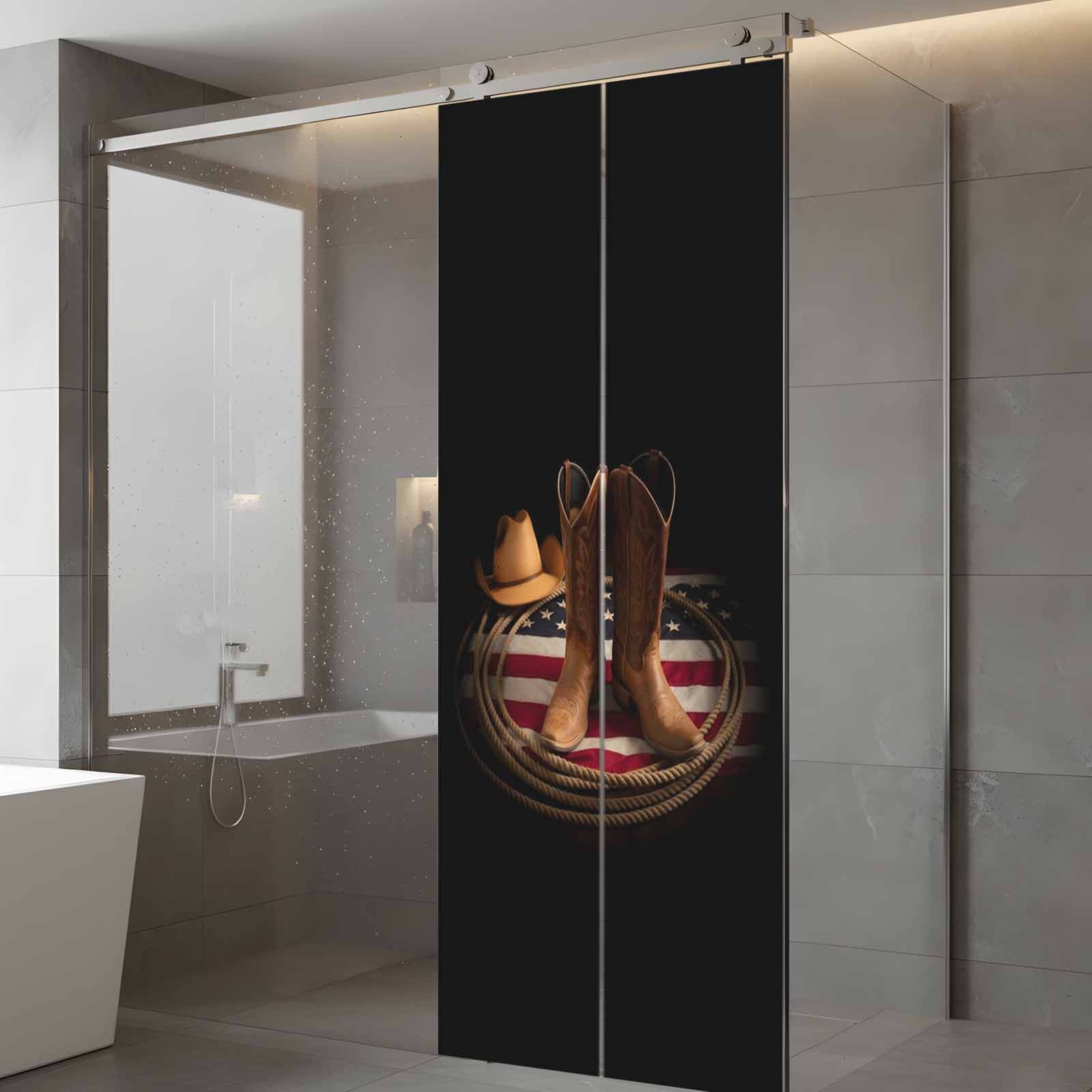 Western Cowboy Window Privacy Film, Rustic Cowboy Boots Hats USA Flag Retro Rope Frosted Glass Window Clings Static Cling UV Heat Blocking Reusable Door Sticker for Bathroom 23.6 x 59 Inch