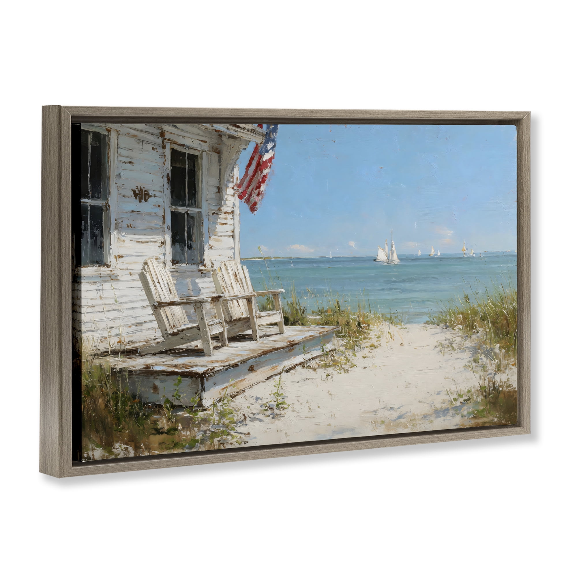 Stupell Industries By The Ocean Cottage Retreat Brown Framed Floater Canvas Wall Art, design by Petal Prints Design