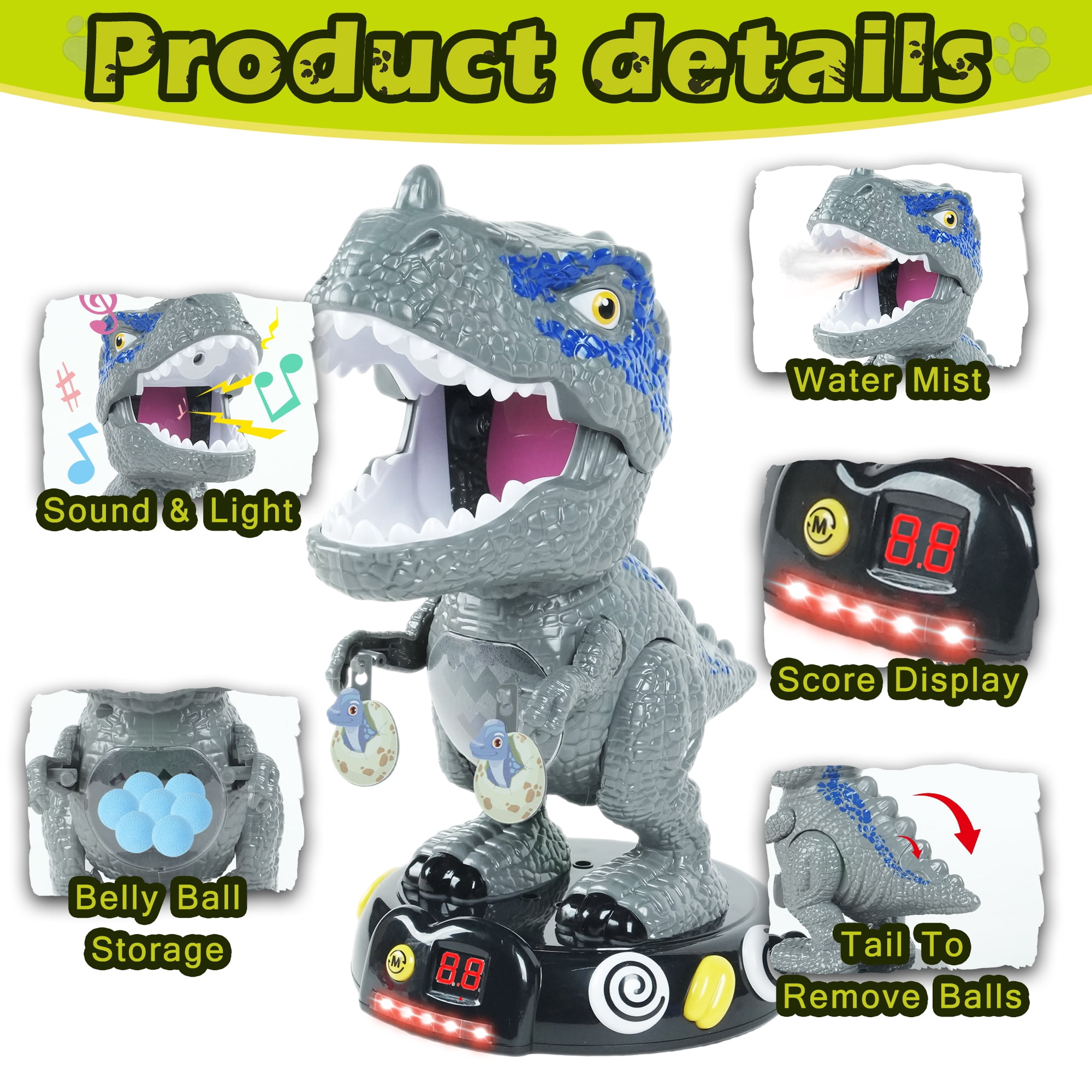 JUGAAD LIFE Dinosaur Shooting Toys for Kids, Movable Target Shooting Games with 2 Air Pump Blasters, 48 Foam Balls and LED Score, Birthday Gifts for 3 4 5 6 7 Years Old Boys - Gray
