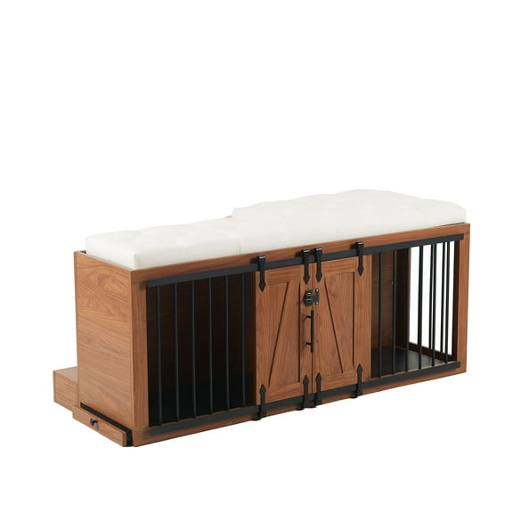 ZephyPaws 56-inch 2-in-1 Dog Crate Furniture Bench with Padded Seat, Sliding Barn Door Wooden Dog Kennel Ottoman, MDF & Metal, for Small/Medium Dogs, Walnut