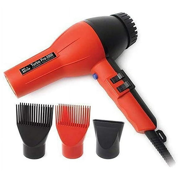 Hot and Hotter Salon Turbo Pro-2000 Ionic Hair Dryer - Red - Ceramic - (2) Hair Pick Attachments and (1) Concentrator Attachment