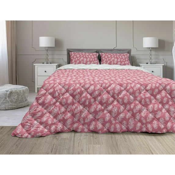 Bohemian Comforter & Sham Bedding Set, Continuous Pattern with Abstract Design Feathers Abstract, 3 pcs Duvet Set Microfiber Filling Quilt, 5 Sizes, Pastel Pink and White, by Ambesonne