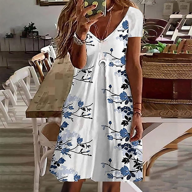 ICHUANYI Clearance Fashion Women Casual V Neck Printing Loose Elastic Short Sleeve Dress Skirt(White, S) ICHUANYI WER2023081012344