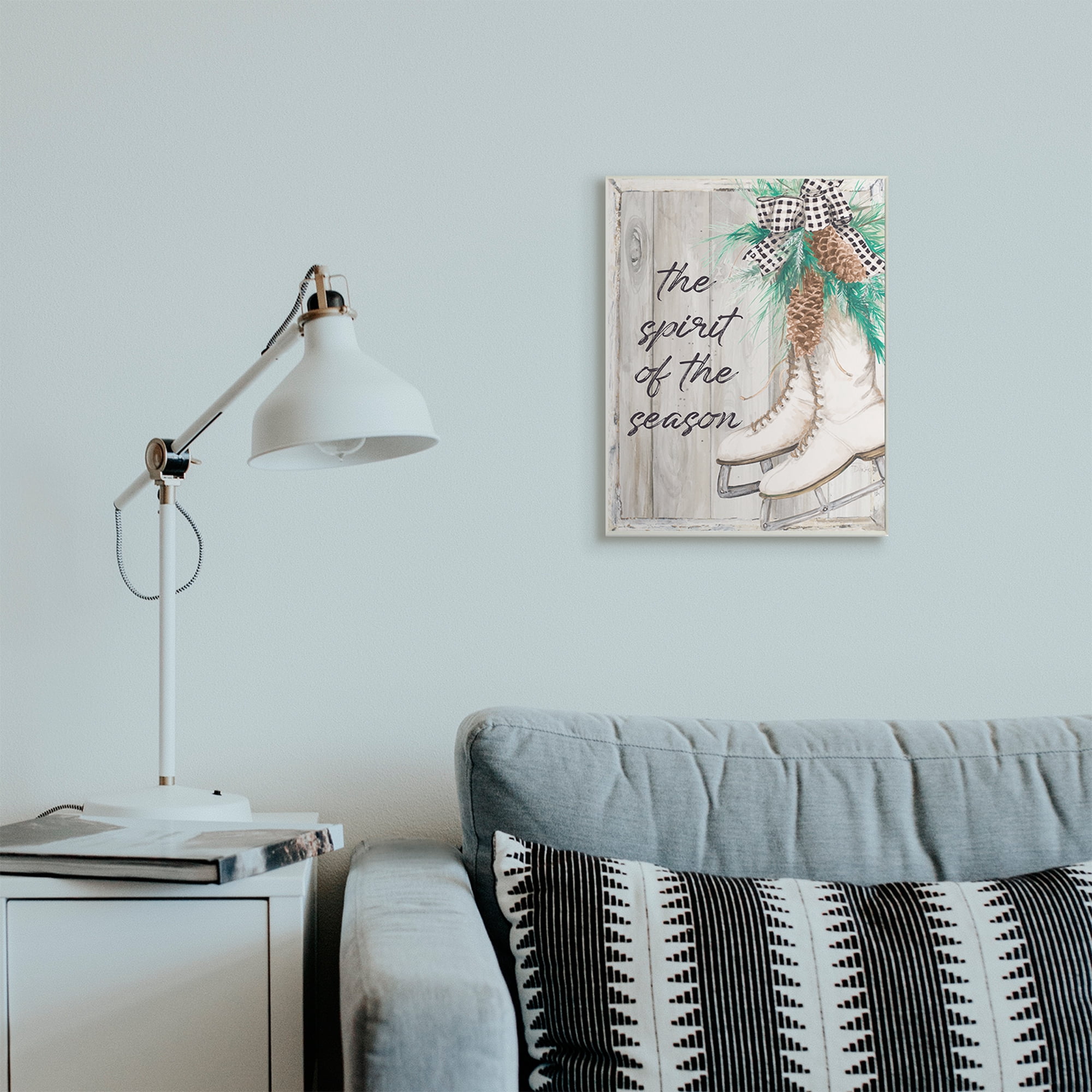 Stupell Industries Spirit of Season Phrase Winter White Ice Skates Holiday Painting Wall Plaque Art Print Wall Art, 13 x 19
