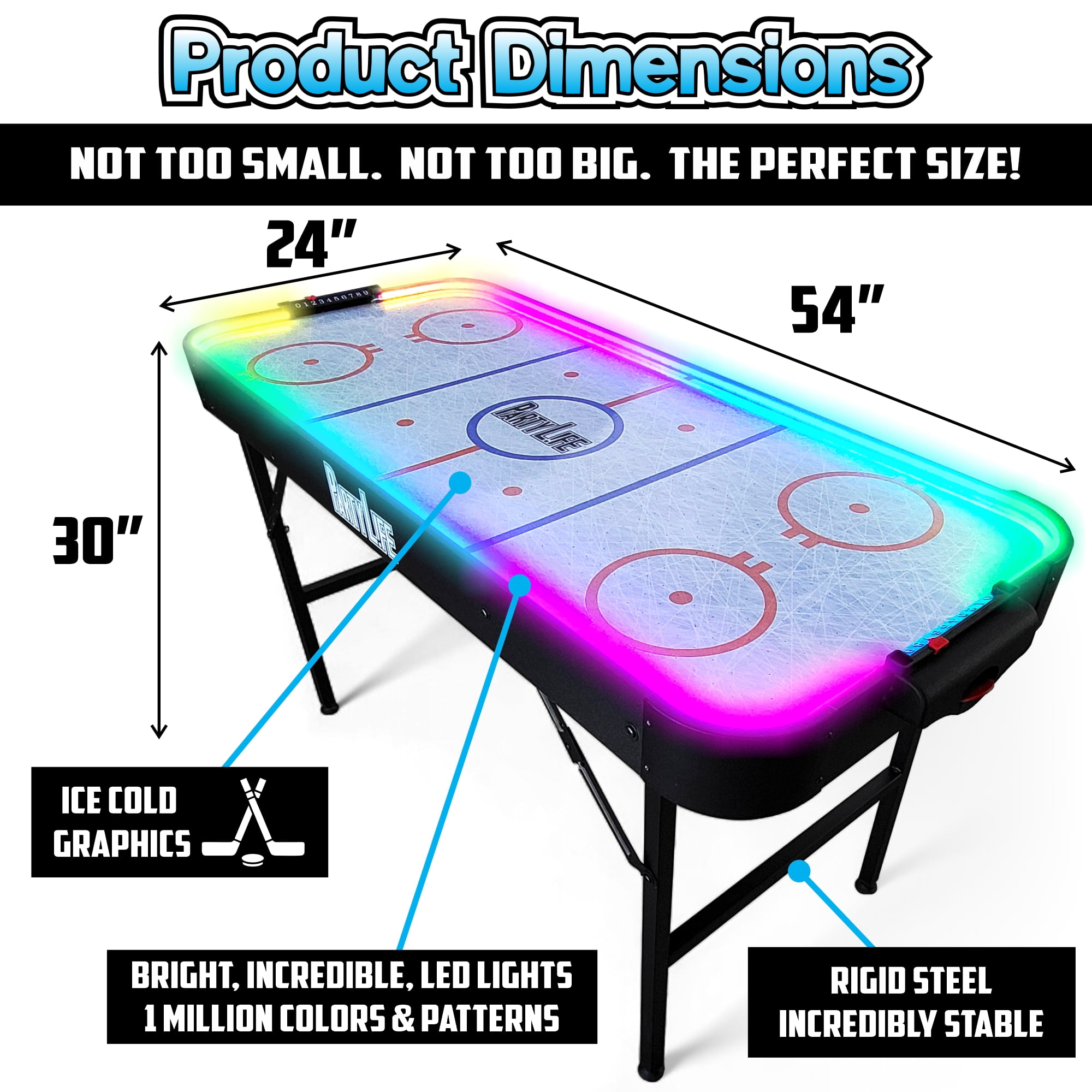 PartyLife 54-Inch Arcade Air Hockey Table – LED Lights, Fold & Store Leg Design, Smooth Playing Surface, Powerful Motor – Perfect for Kids & Adults