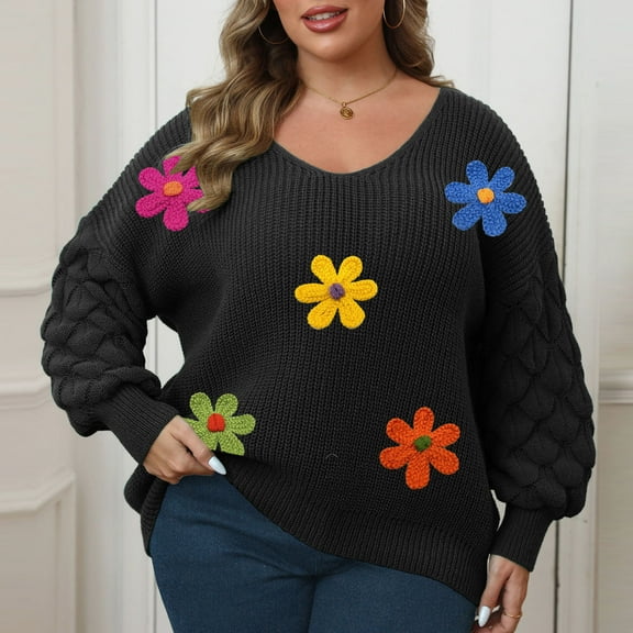 Ailaofu Women's Flowers Applique Plus Size Sweaters Loose V Neck Long Sleeve 2025 Casual Pullover Knitted Jumper Tops