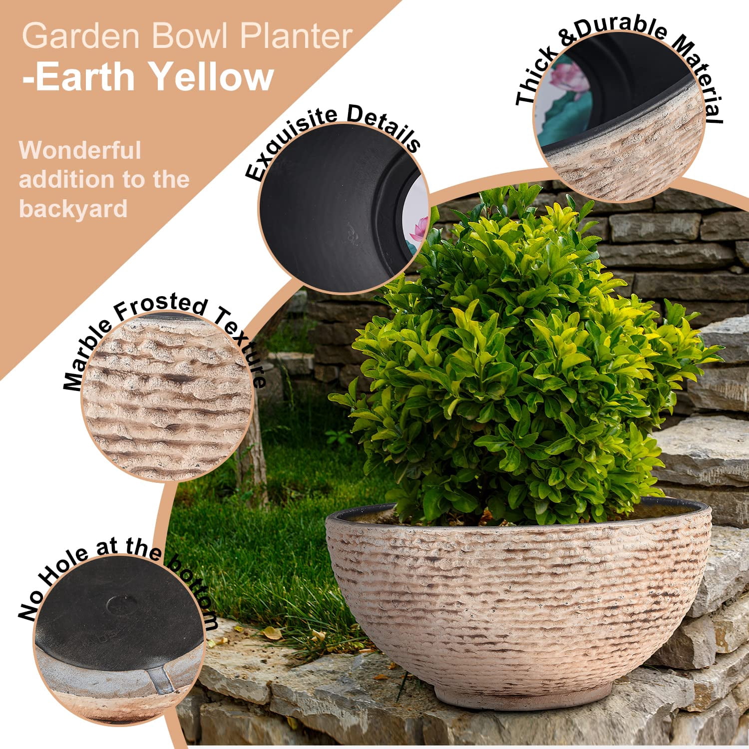 Sungmor Large Garden Bowl Planter, 15.6 Inch Landscaping Marble Texture Water Lily Pots, Mini Fish Pond Bird Bath