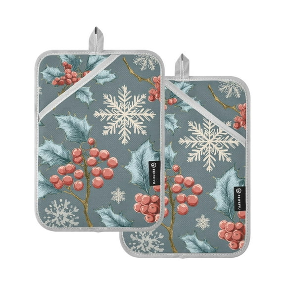 Winter Holly Leaves Berries Snow Christmas Potholders Heat Resistant Pot Holder Set of 2 Oven Hot Pads with Pocket