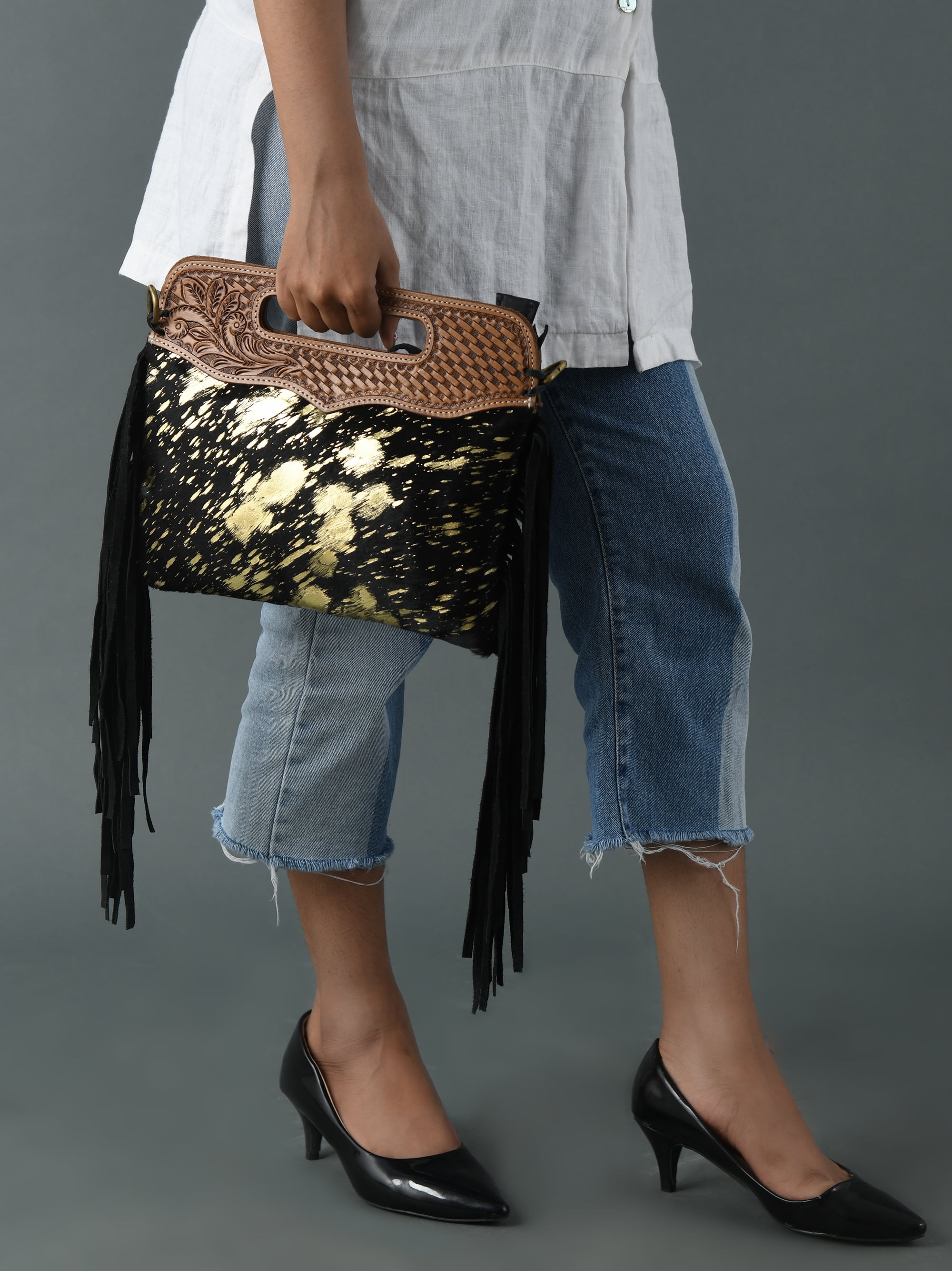 Women's Western Fringe Leather Hand Bag – Sling Bag Suede Hair-On Handbag with Adjustable Strap, Handmade Sling Purse 12"x10" Black n Golden