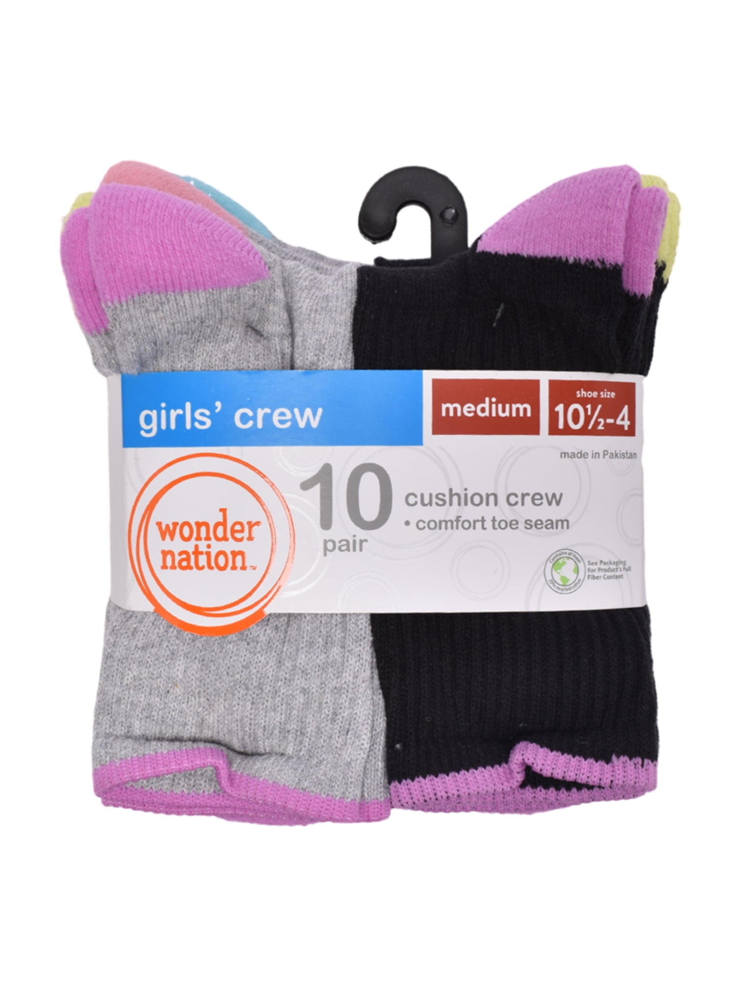 Wonder Nation Girls Cushioned Crew Socks, 10-Pack, Sizes S (6-10.5) - L (4-10)