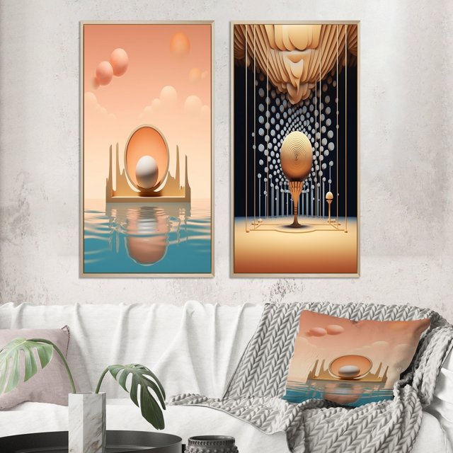 Designart "Graphic Futurism Retro Architectural Bliss IV" Abstract Landscape Framed Wall Art Set Of 2 - Modern Pink Framed Canvas Set For Living Room Decor