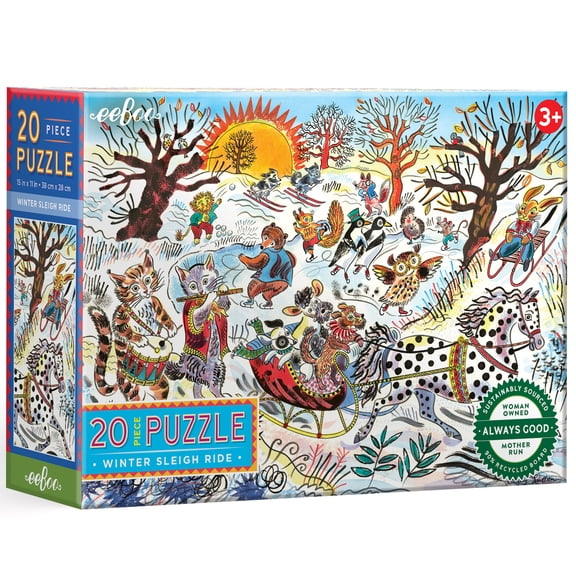 eeBoo: Winter Sleigh Ride - 20 Piece Puzzle - 15x11" Jigsaw, Oversized Pieces, Whimsical Outdoor Animal Scene, Snowy Season Play, Preschool, Kids 3 