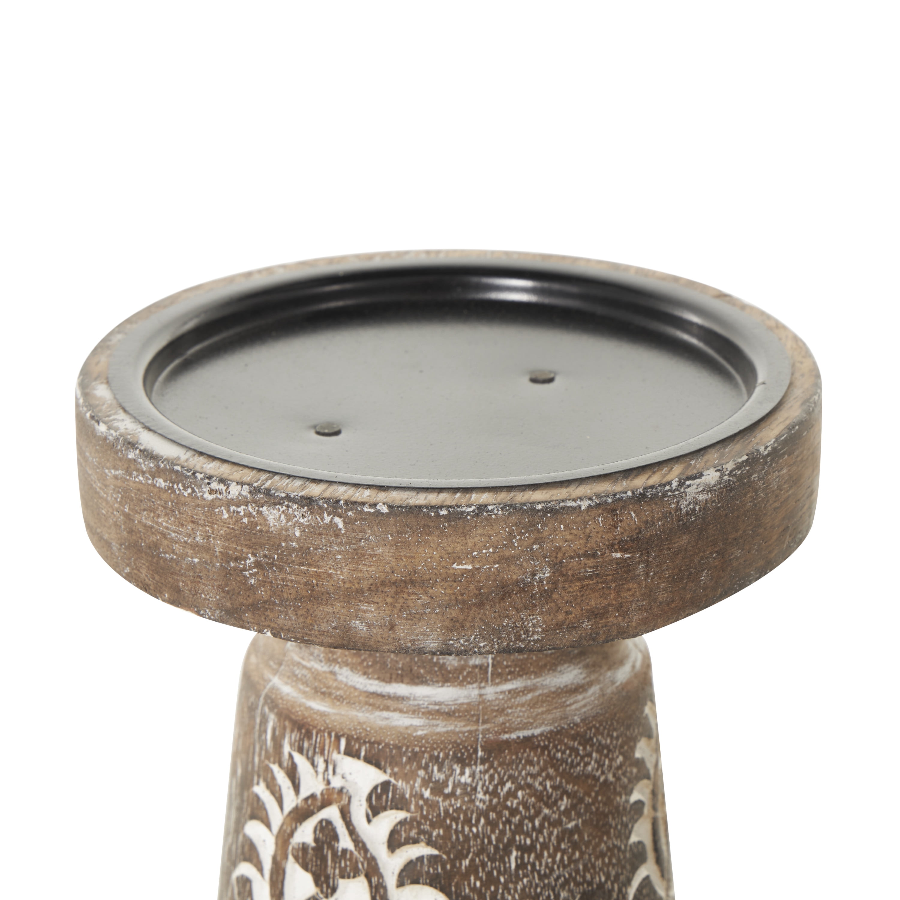 DecMode 3 Candle Dark Brown Mango Wood Tribal Pillar Candle Holder, Set of 3