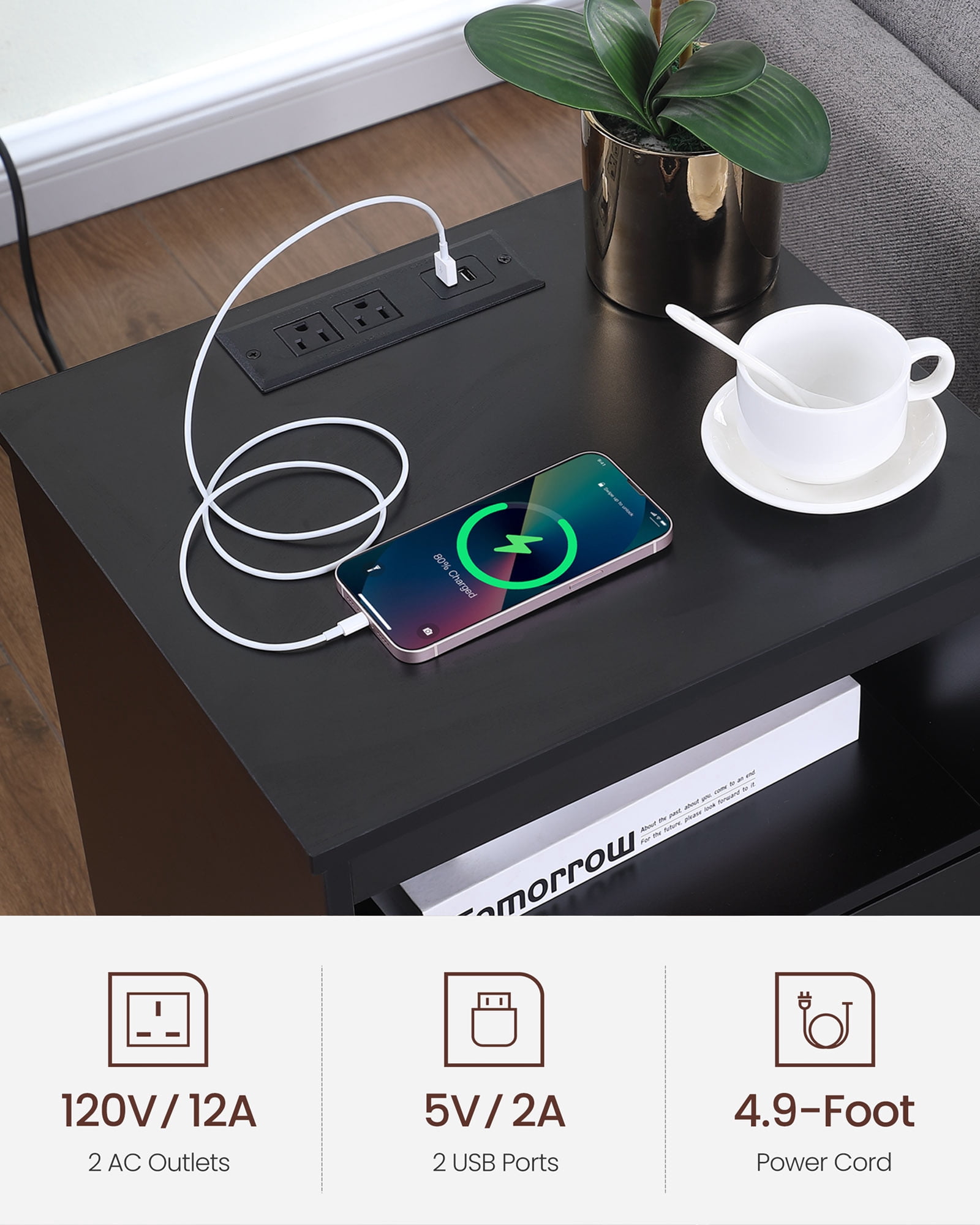 Nightstand with Charging Station,End Table with 2 Drawers,Wooden End Table with Drawer and Opening Shelf,Side Table for Bedroom, Black