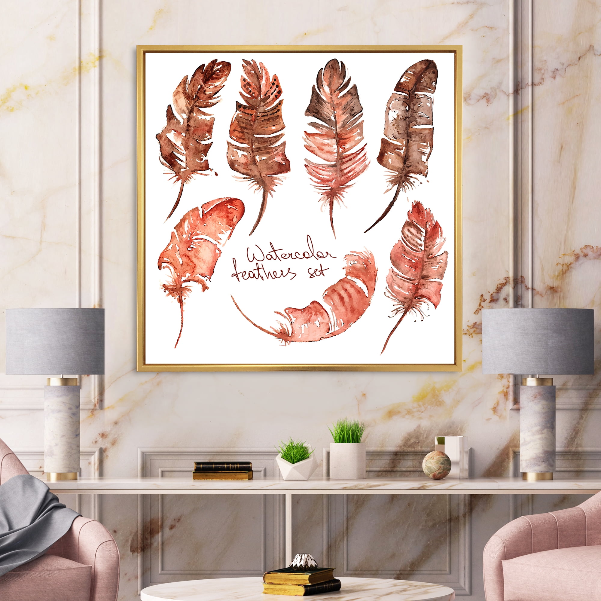 Boho Art Feather Icons 16 in x 16 in Framed Painting Canvas Art Print, by Designart