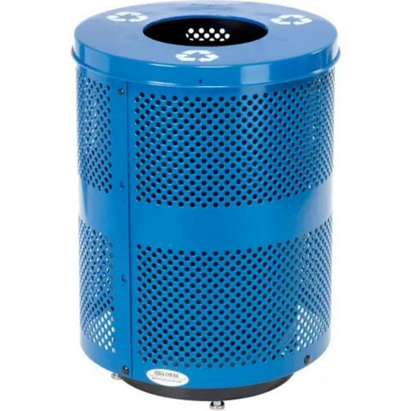 Global Industrial B3178683 Outdoor Perforated Steel Recycling Trash Can - Base & Flat Lid - 36 gal - Blue
