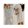 thumbnail image 3 of Suagox Women Summer Shorts Outfits Stripe Round Neck Short Sleeve T-Shirts Tops Elastic Waist Shorts 2 Pieces Clothes Set, 3 of 10