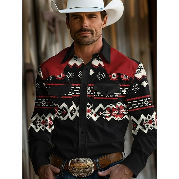 Men's Western Cowboy Shirt Two Pocket Vintage Long Sleeve Casual Button Down Shirt Black XXL