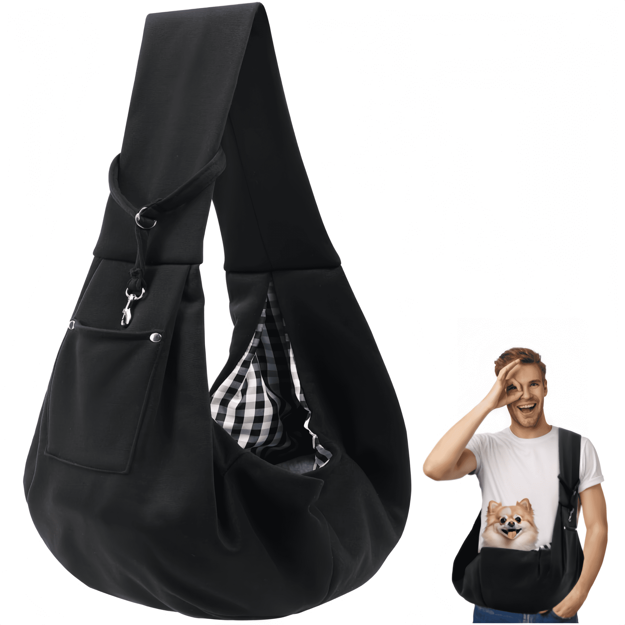 XBQUSVI Puppy Sling Carrier for Small Dogs, Reversible Pet Carrier Purse for Cats & Dogs, Hand-Free Travel Sling with Storage Pocket Safety Harness, Black