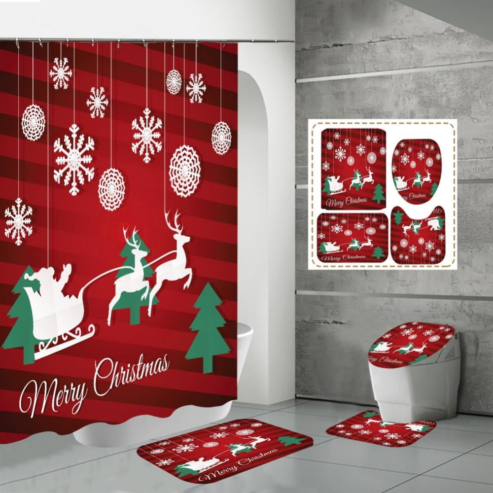 Merry Christmas Shower Curtain Set Of 4 With NonSlip Rug, Toilet Cover