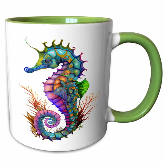 3drose, Pretty Colorful Seahorse Illustration, 11oz Two-tone Green Mug