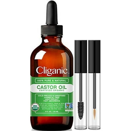 Cliganic Huile de Ricin Biologique, 100 % Pure (4 Oz avec Trousse pour Cils) - pour Cils, Sourcils, Cheveux et Peau
