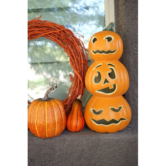 15" 3-Tier Jack O' Lantern Ugly Face Light-Up Pumpkin Decor for Indoor/Outdoor Halloween Decorations