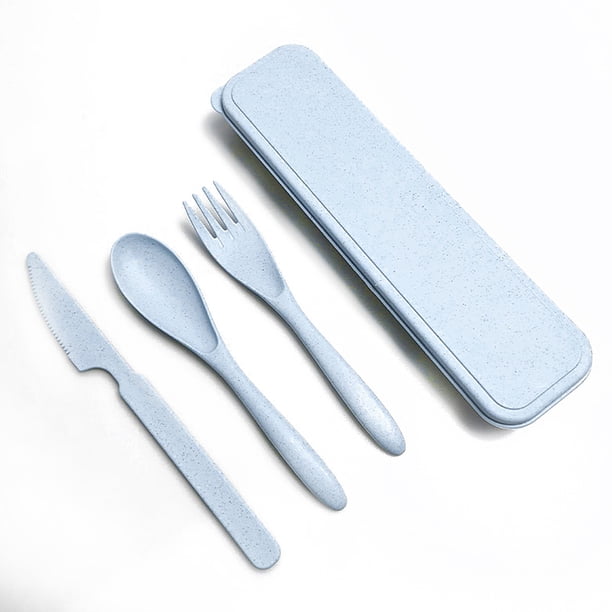 Juego de vajillas de paja de trigo Portátil Reutilizable Color Sólido Kit de cubiertos para exteriores Camping Camping Vajilla con caja de almacenamiento Azul tholdsy HA028558-02