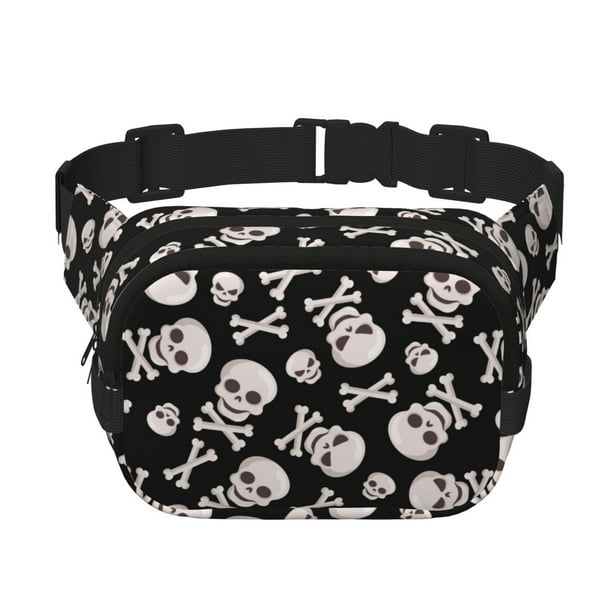Fotbe black white Skull bone Cangurera Cuadrada con Estampado de Doble Capa, Bolsa de Cintura Ajustable Mini para Hombres y Mujeres