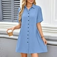 thumbnail image 6 of Umbreon Blue Summer Dresses for Women Linen Short Sleeve Lape L Shirt Dress Button Solid Color Causal Loose Beach Vacation Midi Dresses with Pockets, 6 of 7
