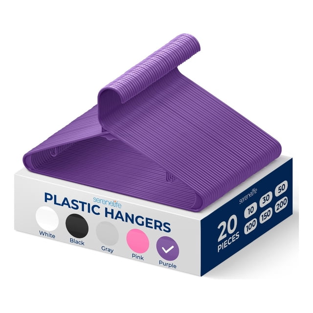 Ganchos de Plastico Premium SereneLife, Antideslizantes, Ahorradores de Espacio, Duraderos y Resistentes, para Camisas, Suéteres, Sudaderas, Abrigos, Pantalones y Vestidos, Violeta, Pack 20