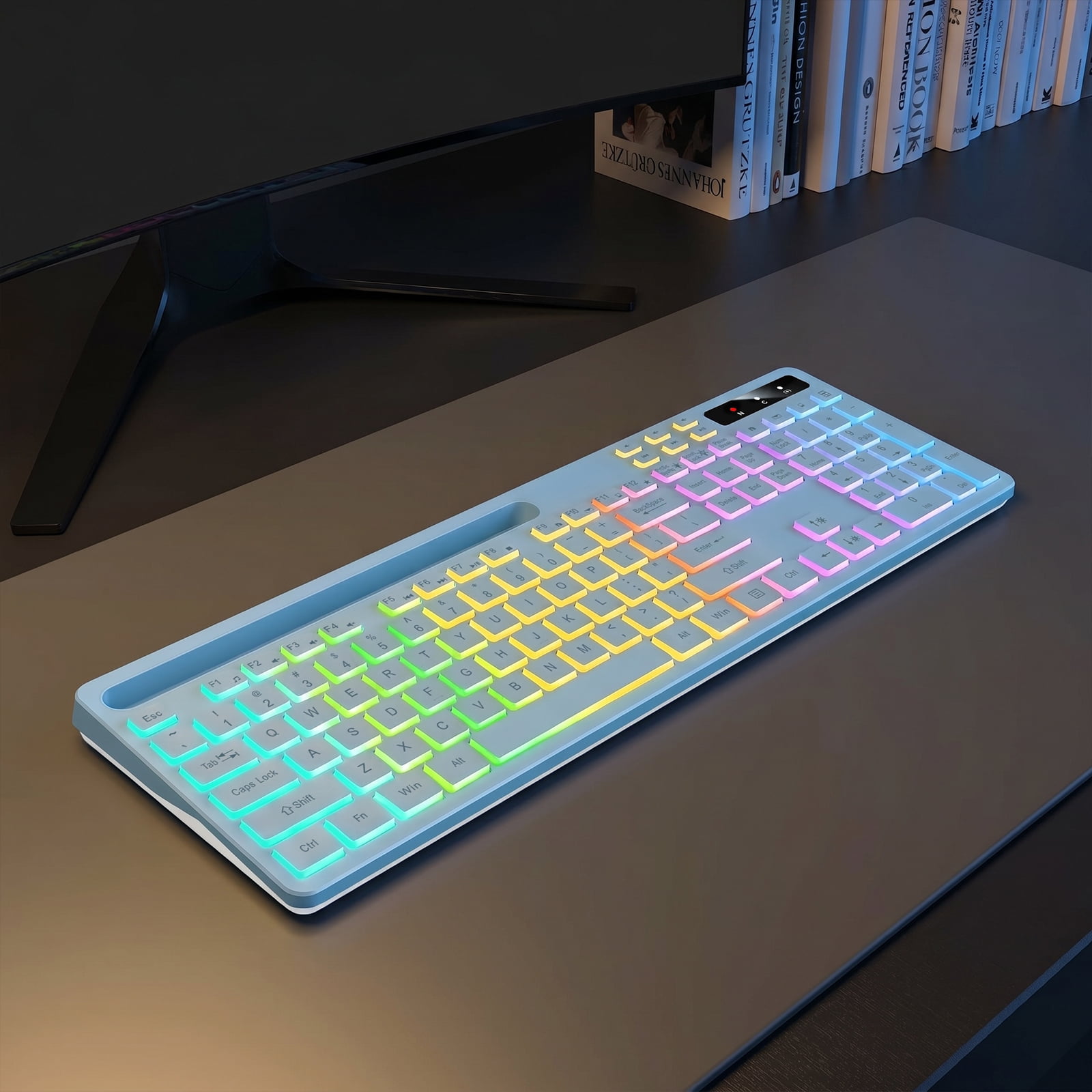 Wireless Keyboard with 7-Color RGB Backlit, Marvo Full-Size Computer Keyboard with Phone Tablet Holder, Rechargeable 2.4G Wireless Gaming Keyboard with Light up Keys, Compatible with Mac,Window, Blue