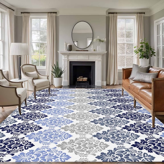 Blue Boho Flowers Area Rugs 5'x7', Small Throw Rugs for Laundry Room Playroom, Modern Luxurious Ombre Geometric Floral Indoor Outdoor Rug Non-Slip Low Pile Carpet Runner Reversible Floor Mats