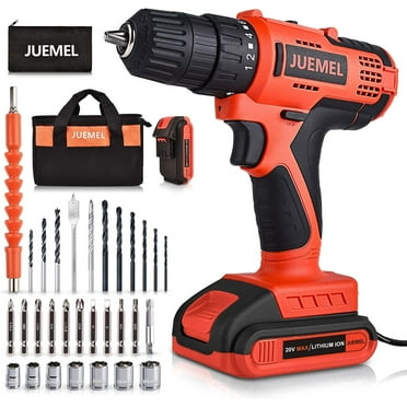 JUEMEL 20V Electric Cordless Drill Set: 2 Batteries, 3/8" Chuck, 2 Variable Speed, 30pcs Bits