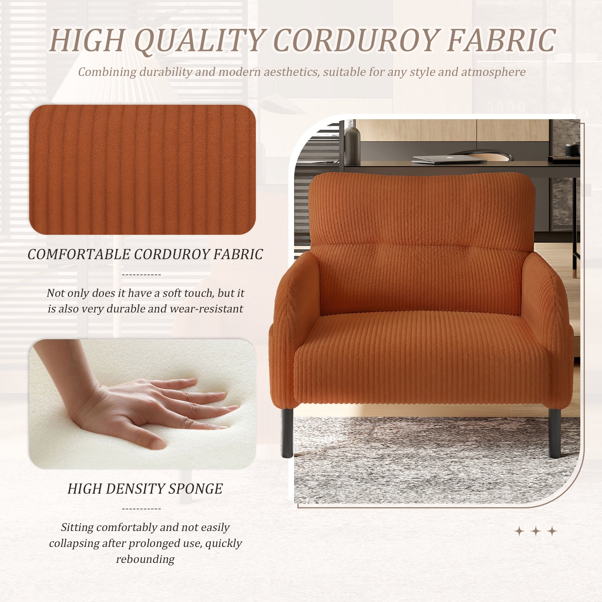 MOONMISS Corduroy Upholstered Comfortable Single Wood Frame Armchair for Living room and Bedroom-Orange