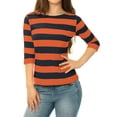 thumbnail image 2 of Camisetas de rayas para mujer Inspire Chic, corte ajustado, mangas de codo, cuello barco, T-shirt M, naranja y azul marino, 2 of 7