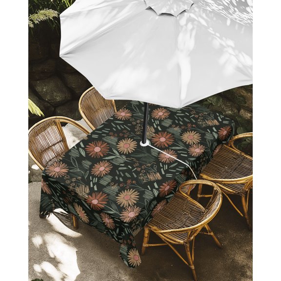 Outdoor Tablecloth with Umbrella Hole, Thanksgiving Fall Floral Zippered Table Cloth for Rectangle Tables, Wildflowers Sunflowers Washable Waterproof Tablecloths for Picnic Patio Garden