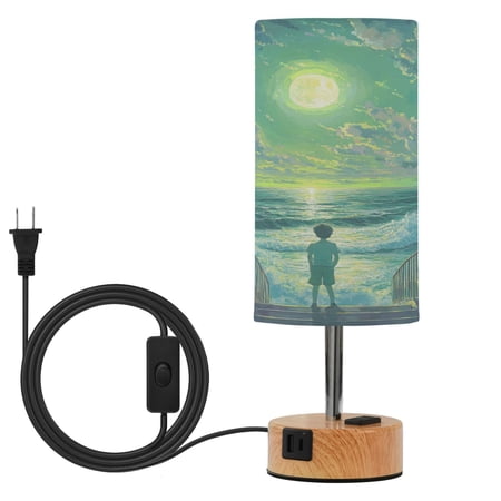 Touch Control Table Lamp with Wood Grain Metal Base 3 Color Temperature Adjustable LED Eye Caring Desk Lamp for Bedroom Study Green Moon