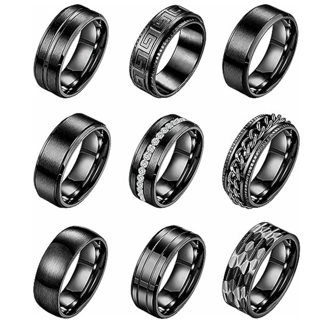 9-piece set 8mm titanium steel men's and women's chain ring simple brushed wedding engagement ring set black 9-piece set 11