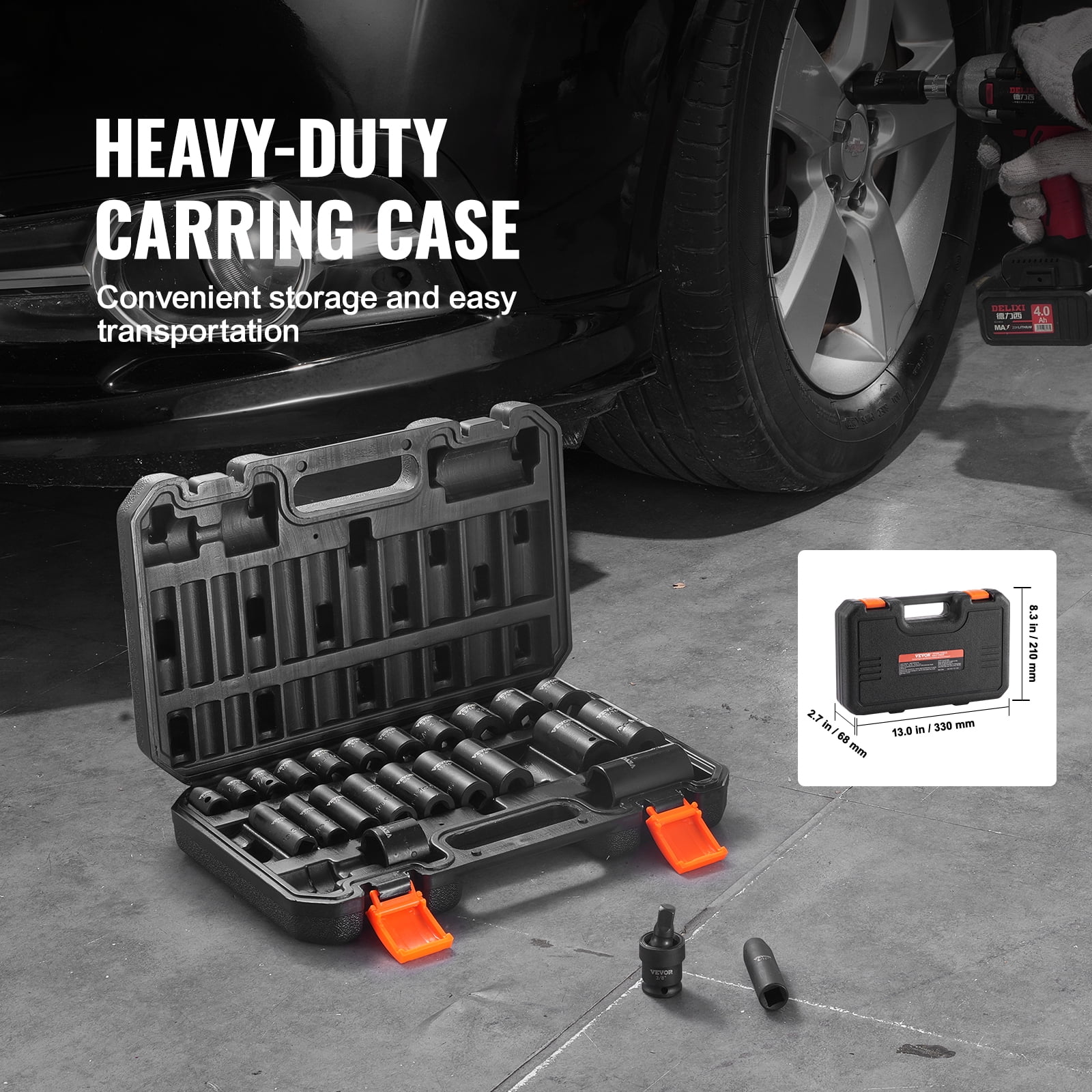 VEVOR 3/8" Drive Impact Socket Set, 25 Piece Deep & Shallow Socket Set SAE 5/16" - 1", 6 Point Cr-Mo Alloy Steel for Auto Repair,Easy-to-Read Size Markings,Rugged Construction,Includes Storage Case