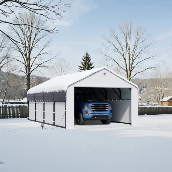 12 ft. W x 20 ft. D Heavy Duty Metal Frame Carport with Solar Lamp, Outdoor Garage Car Shelter with Powder-Coated Steel Roof & Fabric Sidewall
