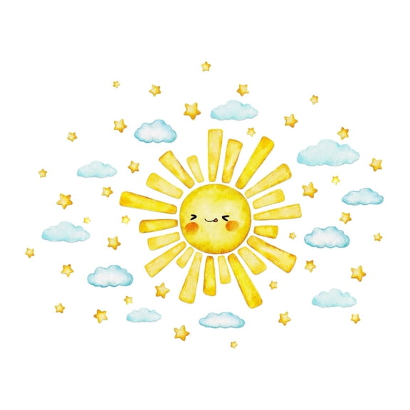 6 Pack Watercolor Sun Cloud Star Peel & Stick Wall Stickers, Cute Smiling Sun Decals for Nursery Kids Room Decor