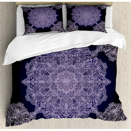 Purple Mandala King Size Duvet Cover Set Bohemian Floral Pattern