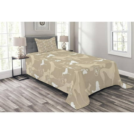 Dog Bedspread Dog Lover Bedspread Set, Pet Animals Accessories Leash Paw Print Bone Ornamental Abstract Illustration, Decorative Quilted Coverlet Set with Pillow Shams Included, Tan White, by Ambesonne ()