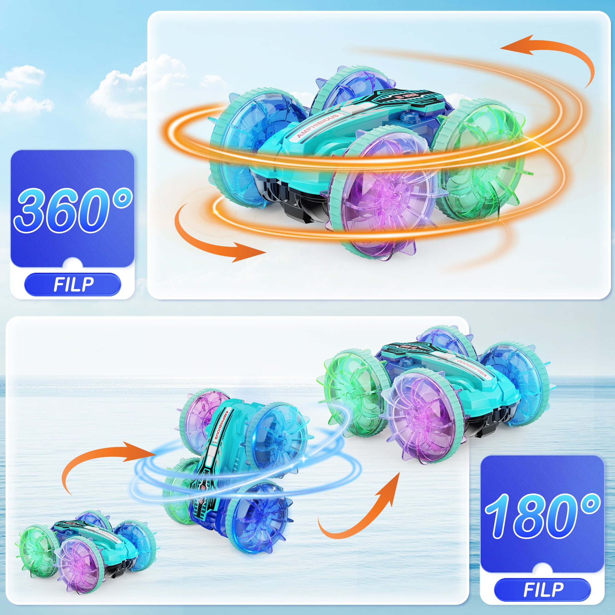 UUGEE Remote Control Cars, RC Car Toys for Kids 8+ Years Old Boys Girls Gifts, 4WD Gesture 360° Rotating Drift Amphibious RC Stunt Cars Boat with LED Lights - Blue